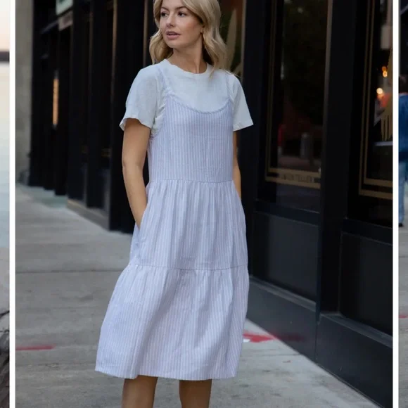 Lena Tiered Linen Dress in Beige and White Stripe Sz L handmade fair trade - Picture 7 of 7